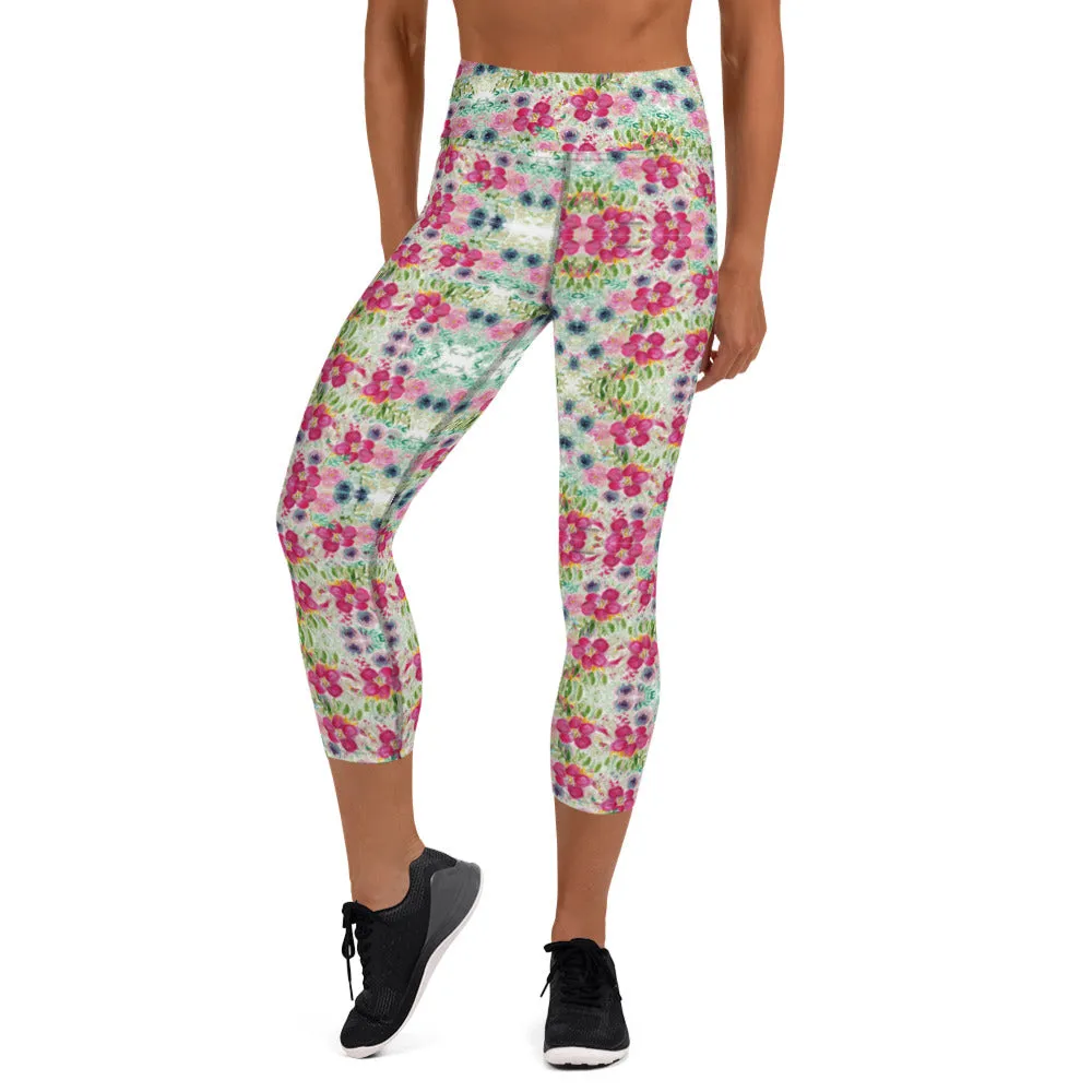 Floral Print Yoga Capri Leggings, Rose Mixed Flower Print Women's Gym Pants-Made in USA/EU