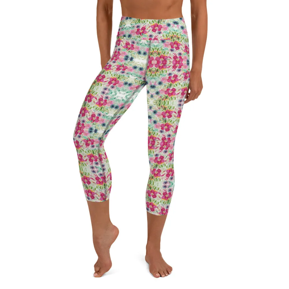 Floral Print Yoga Capri Leggings, Rose Mixed Flower Print Women's Gym Pants-Made in USA/EU