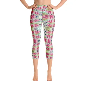 Floral Print Yoga Capri Leggings, Rose Mixed Flower Print Women's Gym Pants-Made in USA/EU