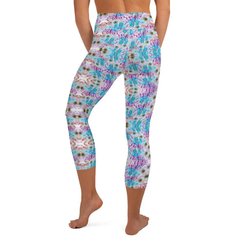 Floral Yoga Capri Leggings, Capris Flower Print Luxury Yoga Pants For Women-Made in USA/EU