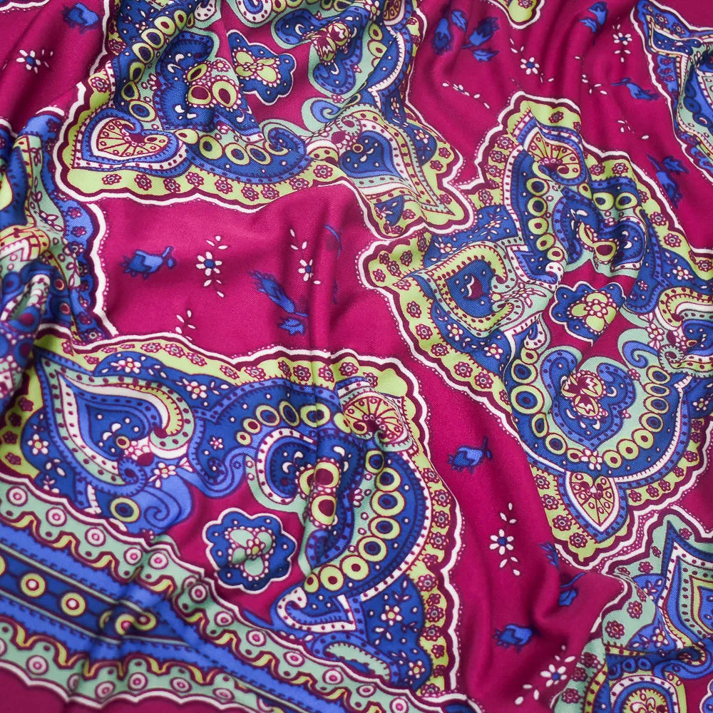 Fuchsia-Multi Bandana Border Pattern Print Stretch Silk Jersey Knit Fabric