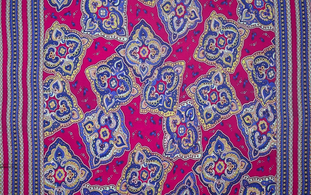 Fuchsia-Multi Bandana Border Pattern Print Stretch Silk Jersey Knit Fabric