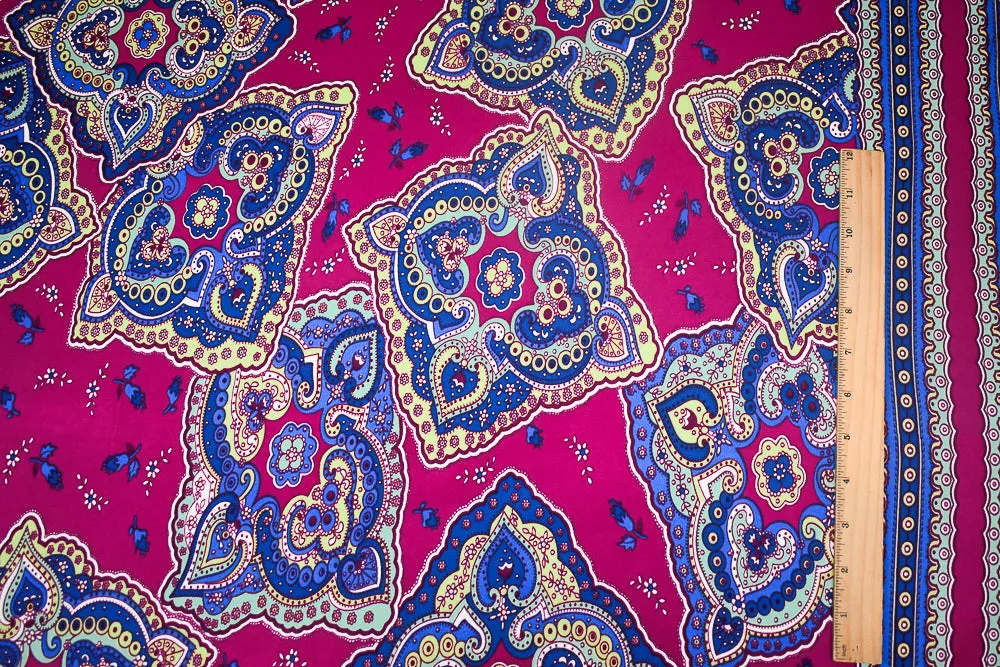 Fuchsia-Multi Bandana Border Pattern Print Stretch Silk Jersey Knit Fabric