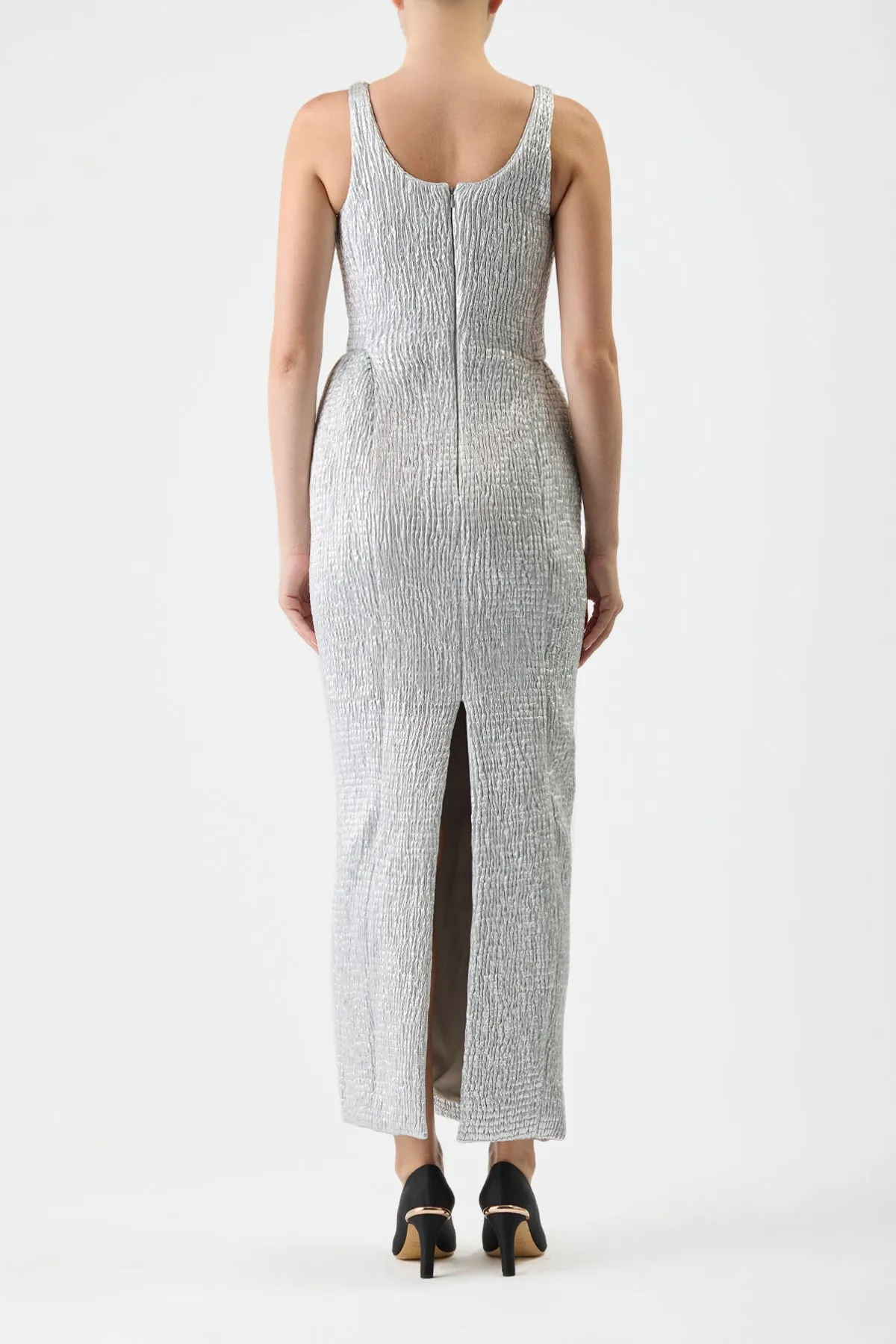 Girard Shirred Maxi Dress with Lining in Silver Metallic Nappa Leather