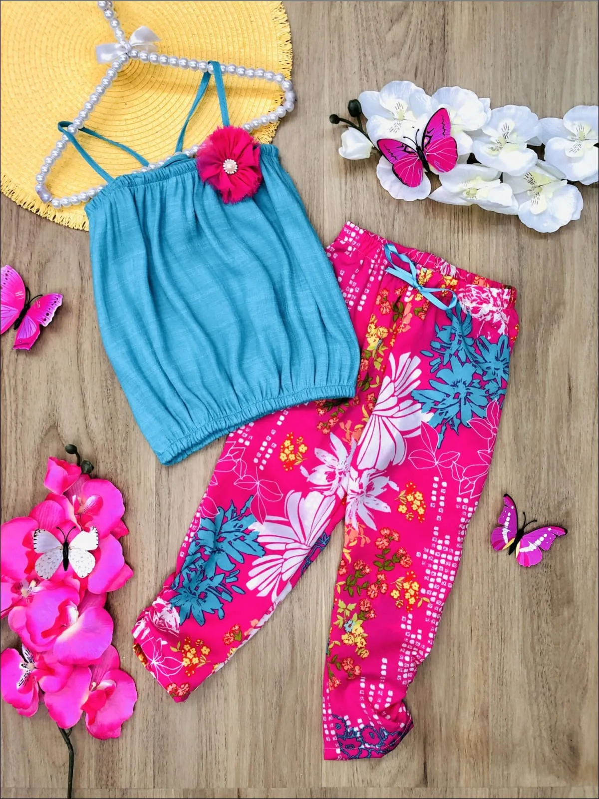 Girls Spaghetti Strap Bubble Top And Capri Pants Set