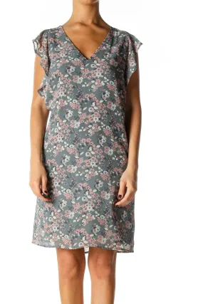 Gray Floral Print Holiday Shift Dress