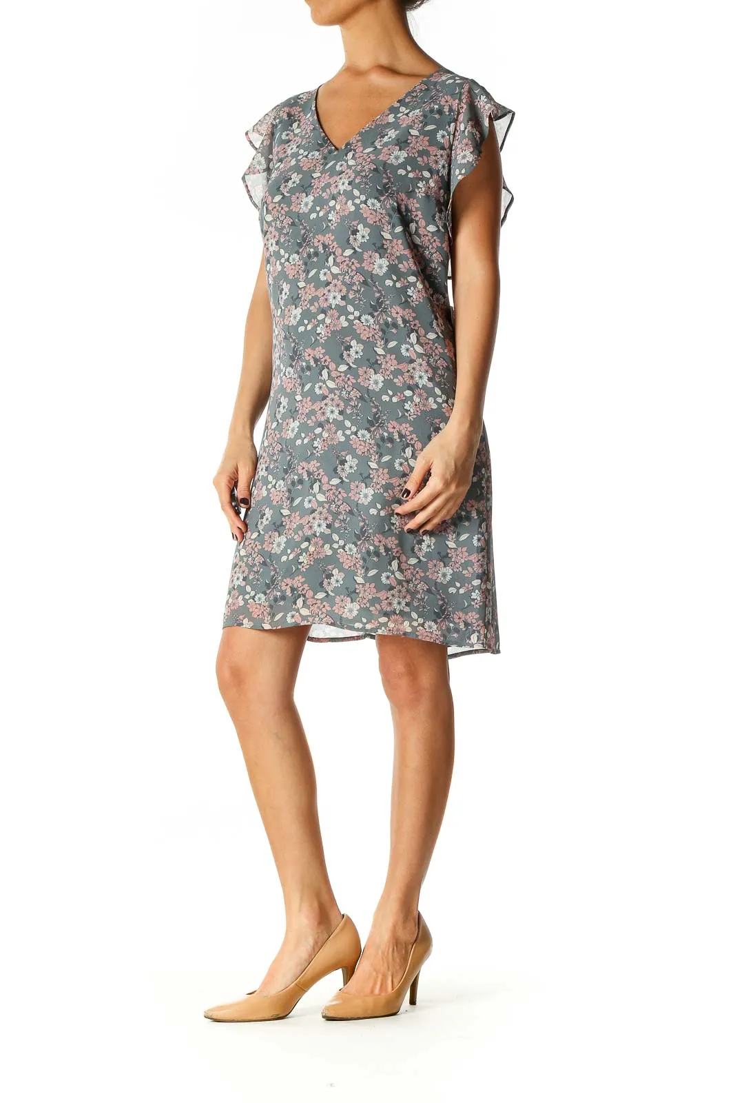 Gray Floral Print Holiday Shift Dress