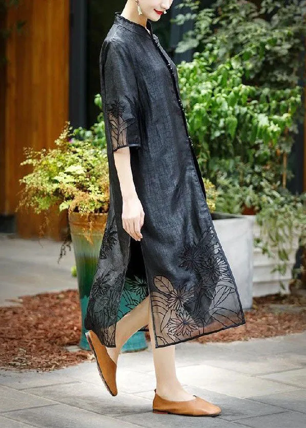 Handmade Black Embroideried Side Open Patchwork Silk Trench Summer