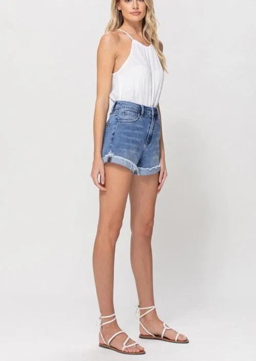 High Rise Cuffed Jean Denim Shorts with spandex