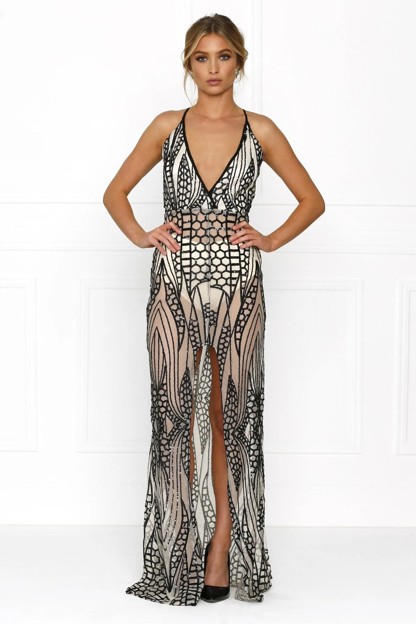 Honey Couture GWEN Nude Black Crystal Sequin Maxi Formal Gown