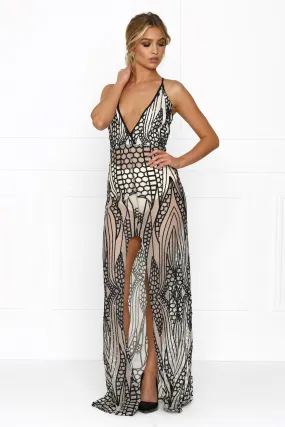 Honey Couture GWEN Nude Black Crystal Sequin Maxi Formal Gown