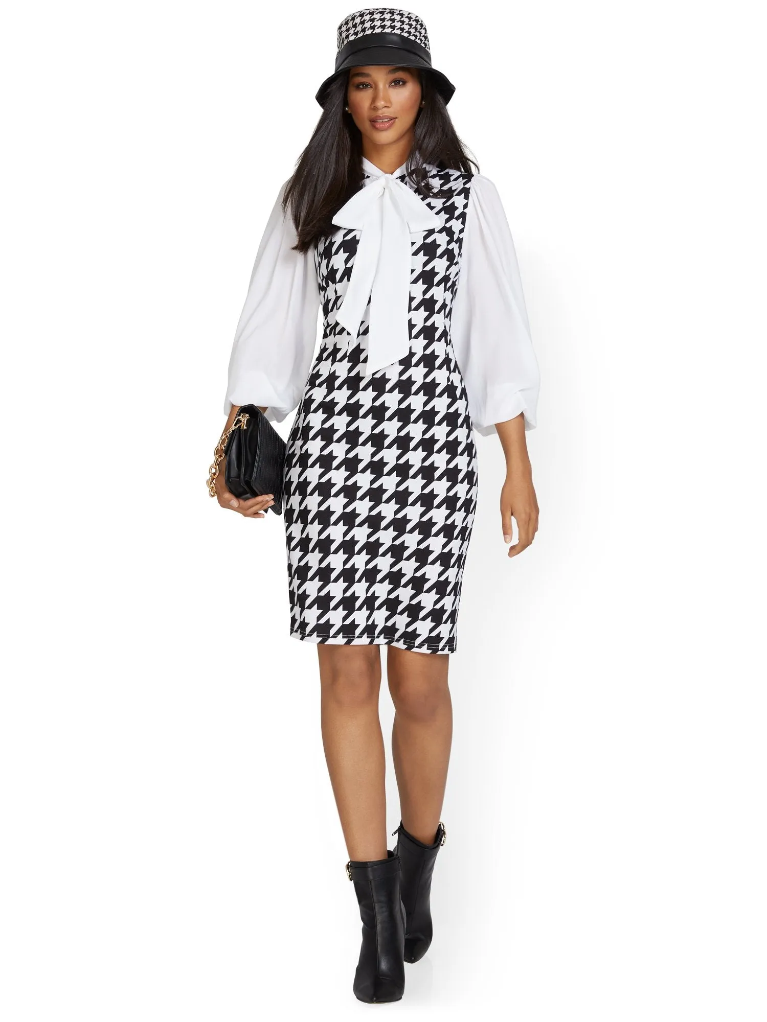 Houndstooth Overlay Shift Dress