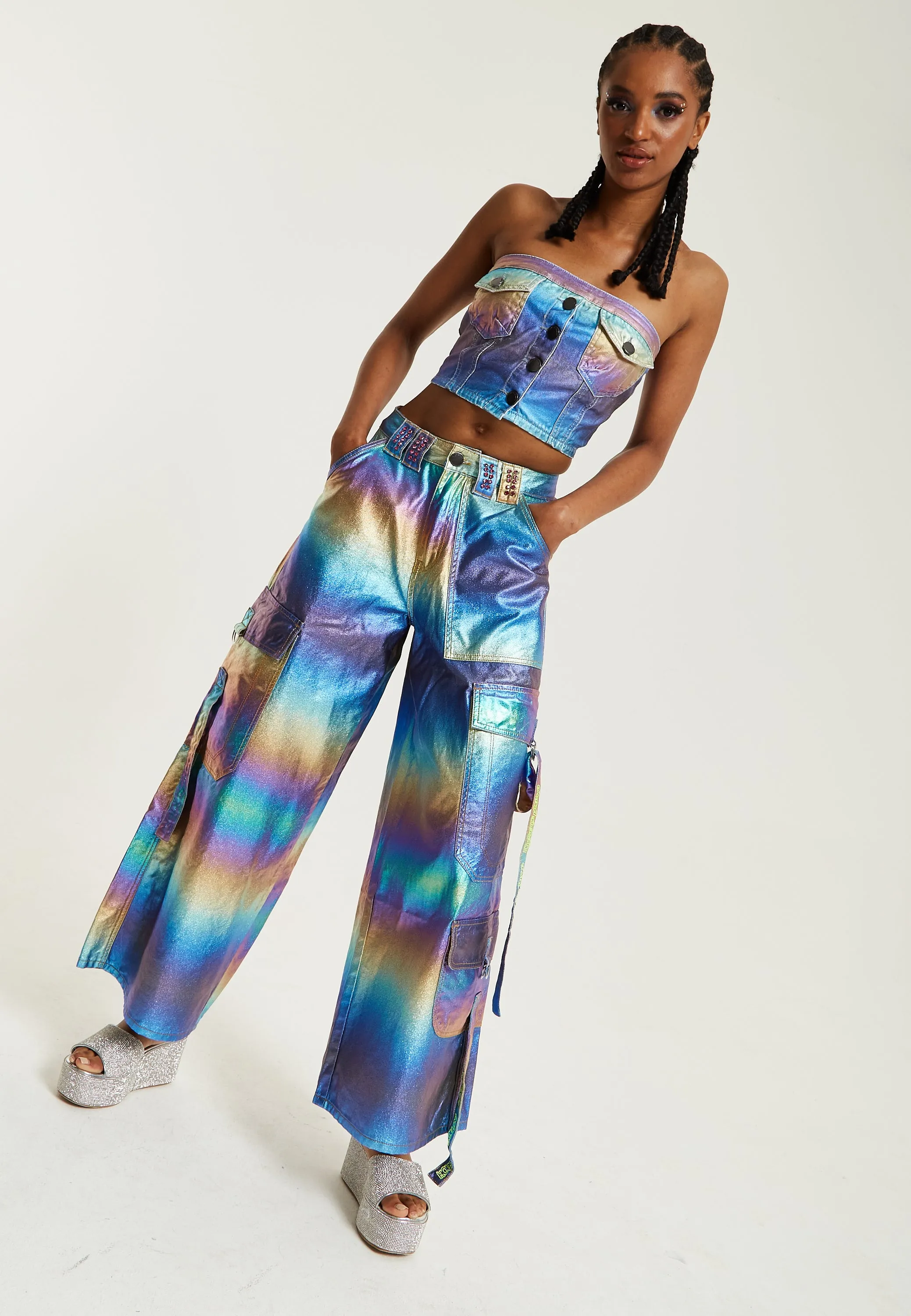 House Of Holland Metallic Rainbow Cargo Trousers