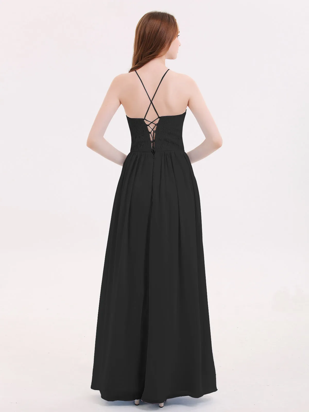 Illusion Neck Lace and Chiffon Maxi Gowns-Black