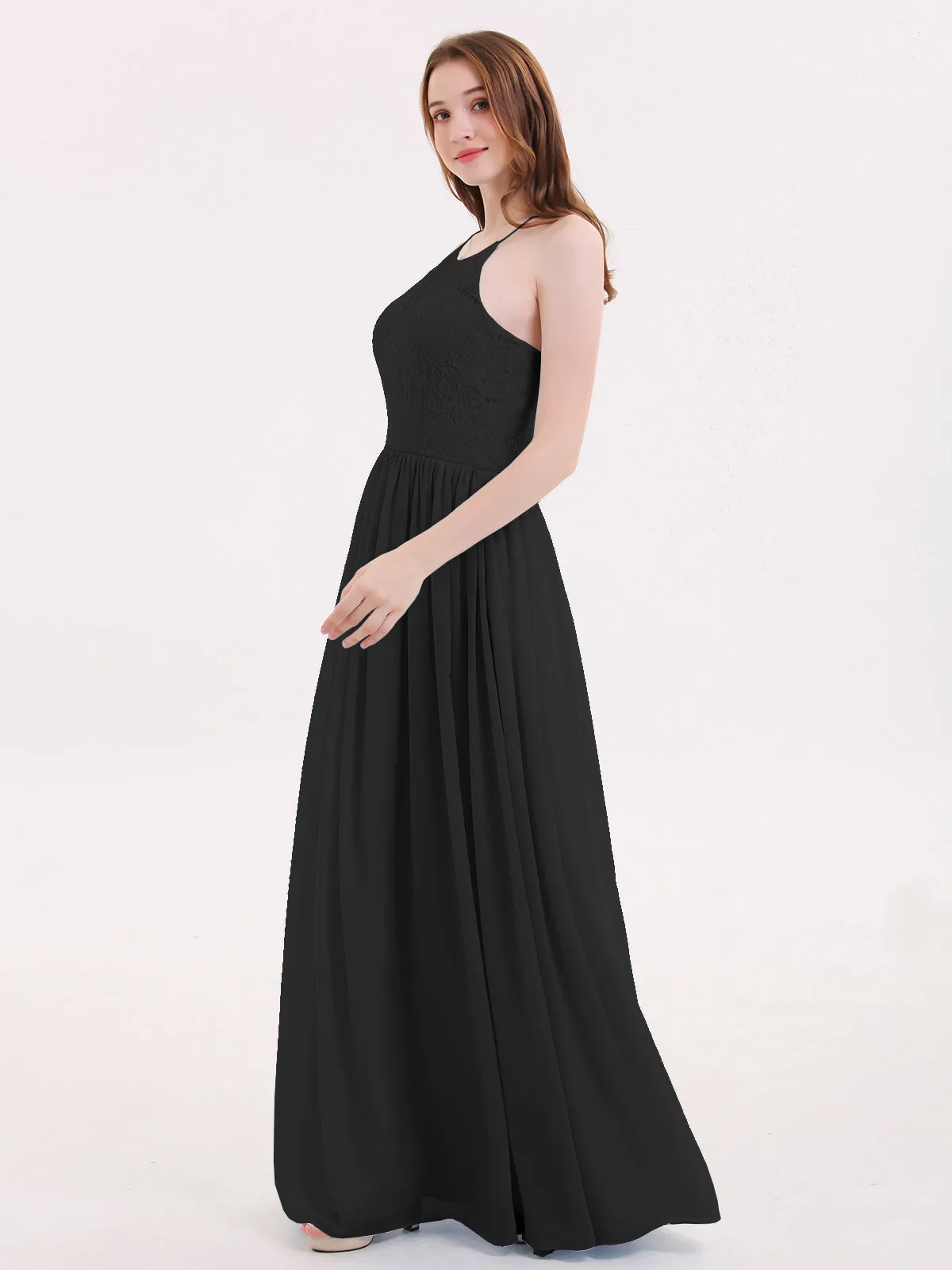 Illusion Neck Lace and Chiffon Maxi Gowns-Black