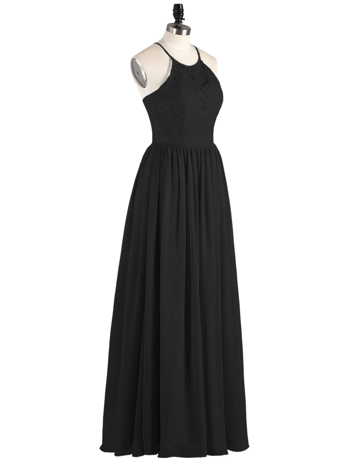 Illusion Neck Lace and Chiffon Maxi Gowns-Black