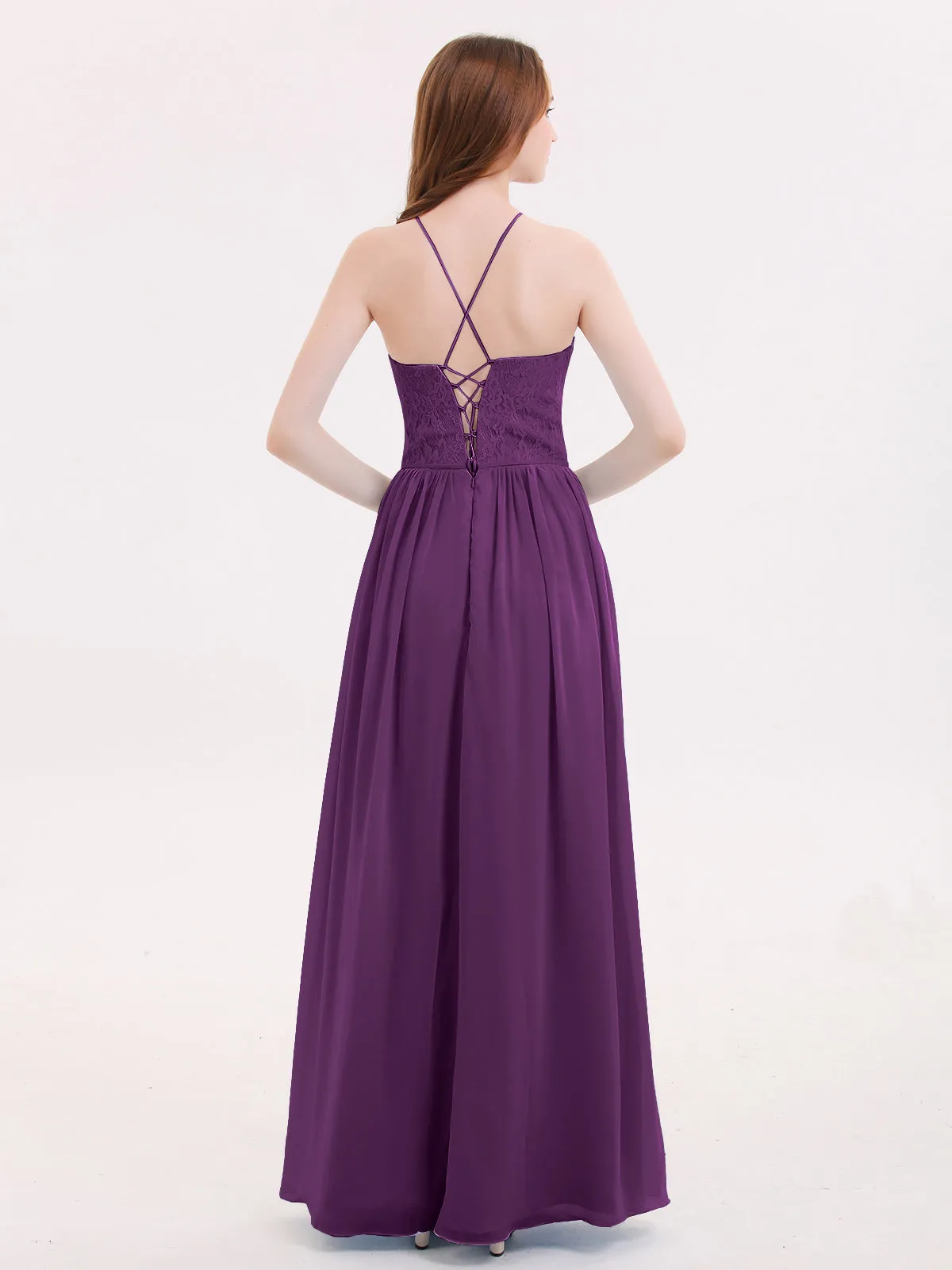 Illusion Neck Lace and Chiffon Maxi Gowns-Grape