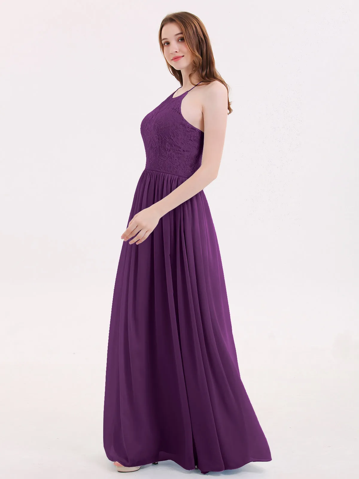 Illusion Neck Lace and Chiffon Maxi Gowns-Grape