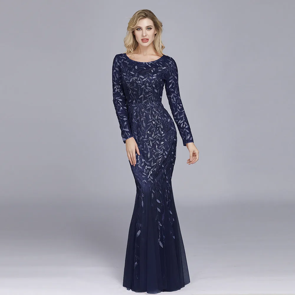 Jennifer Long Sleeves Elegant Sequin Evening Gown