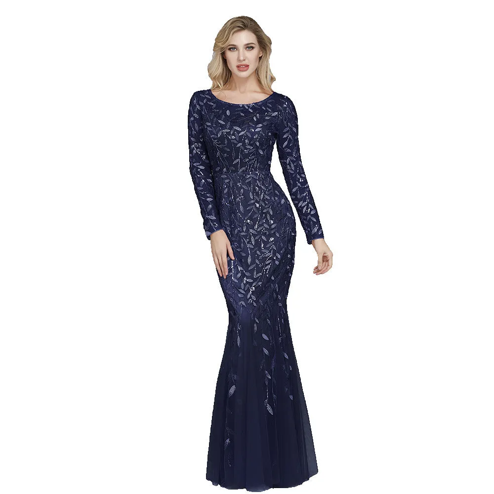 Jennifer Long Sleeves Elegant Sequin Evening Gown