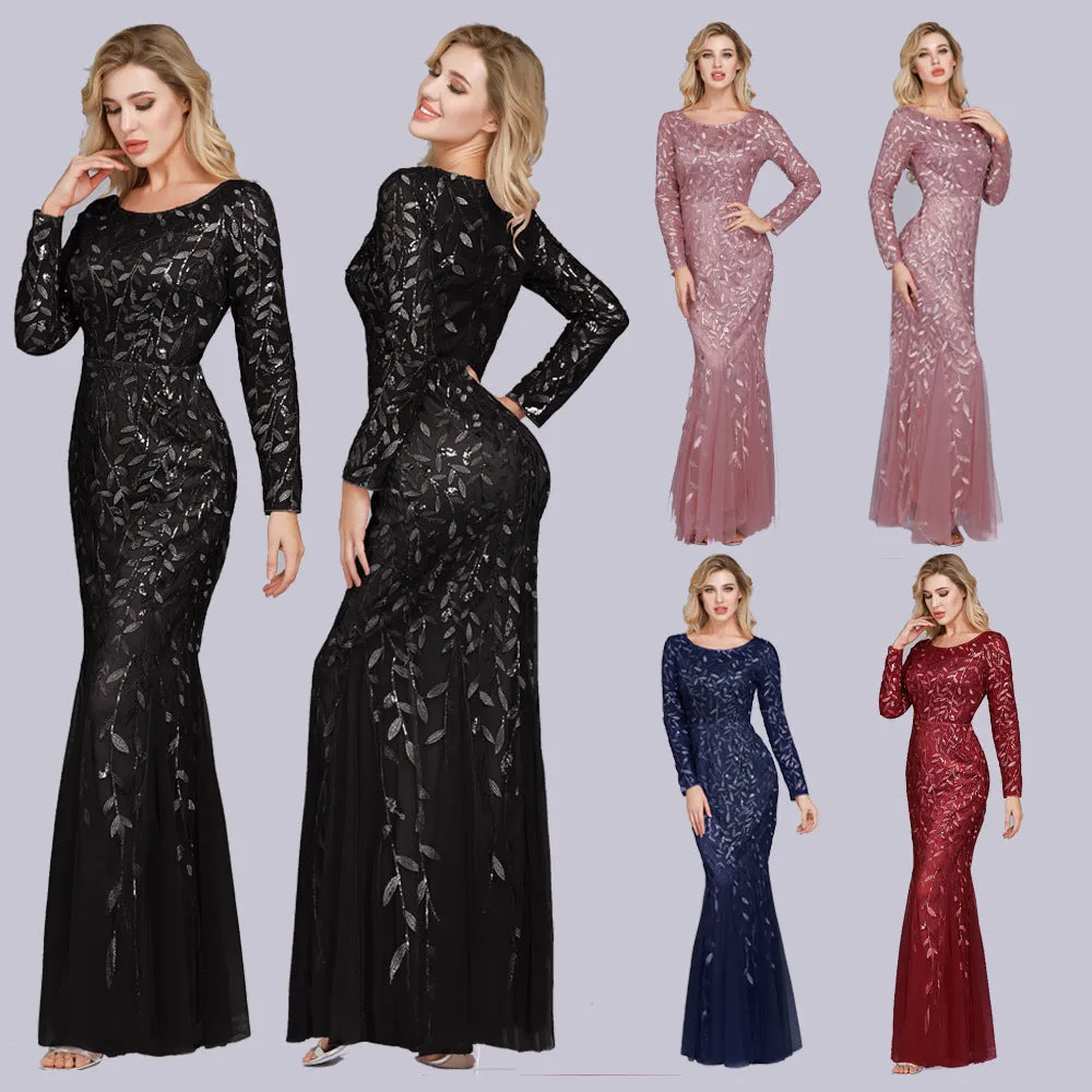 Jennifer Long Sleeves Elegant Sequin Evening Gown