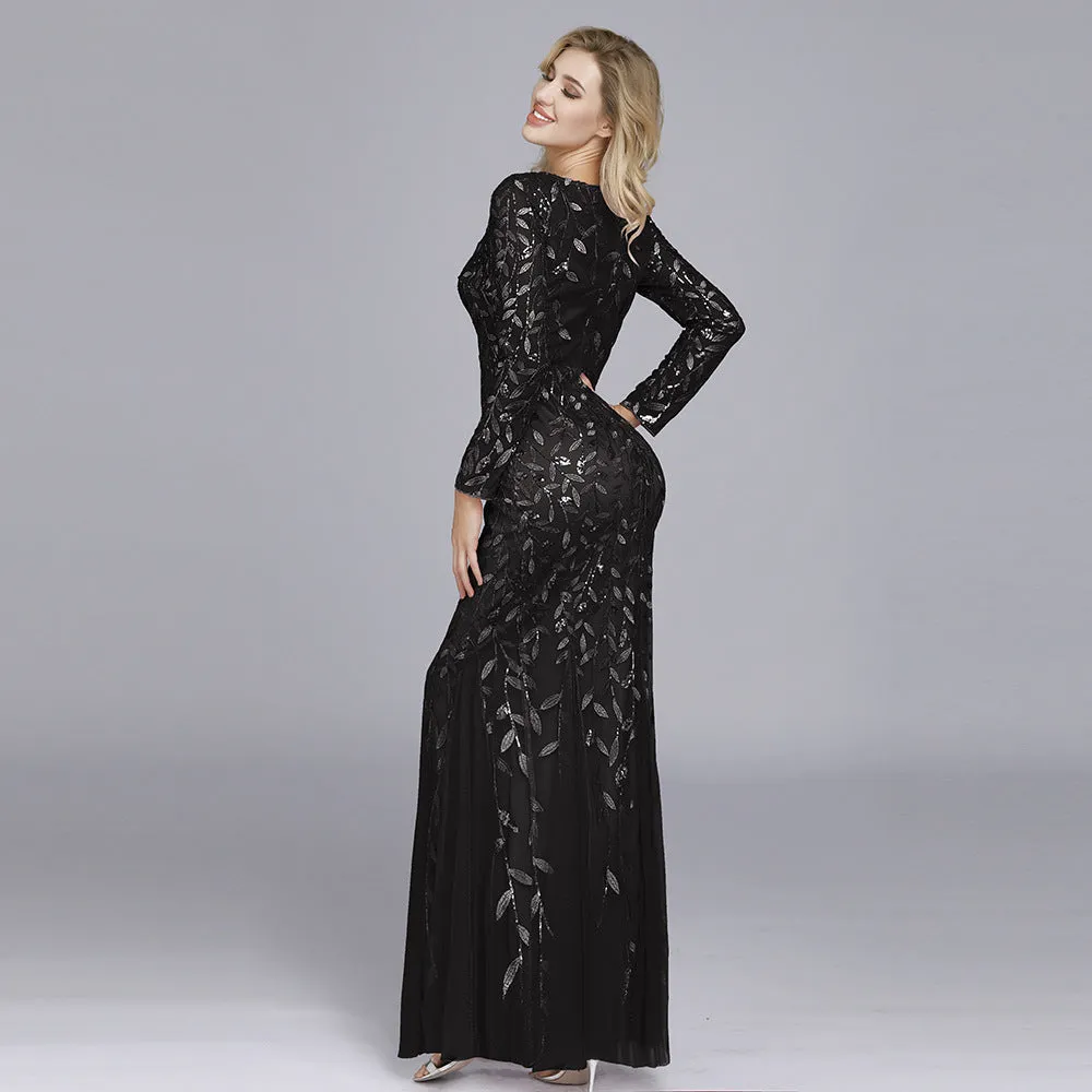 Jennifer Long Sleeves Elegant Sequin Evening Gown