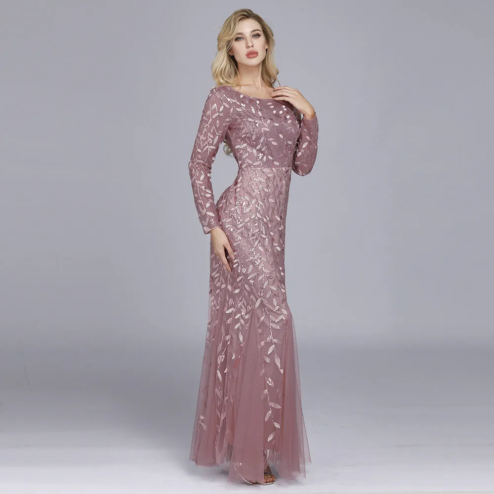 Jennifer Long Sleeves Elegant Sequin Evening Gown