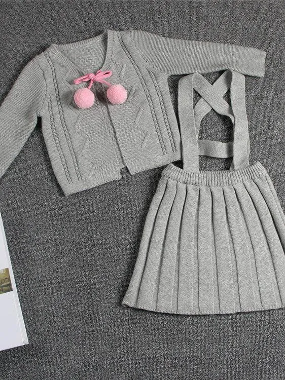 Knitted Sweater Cardigan Top Straps Skirt Set