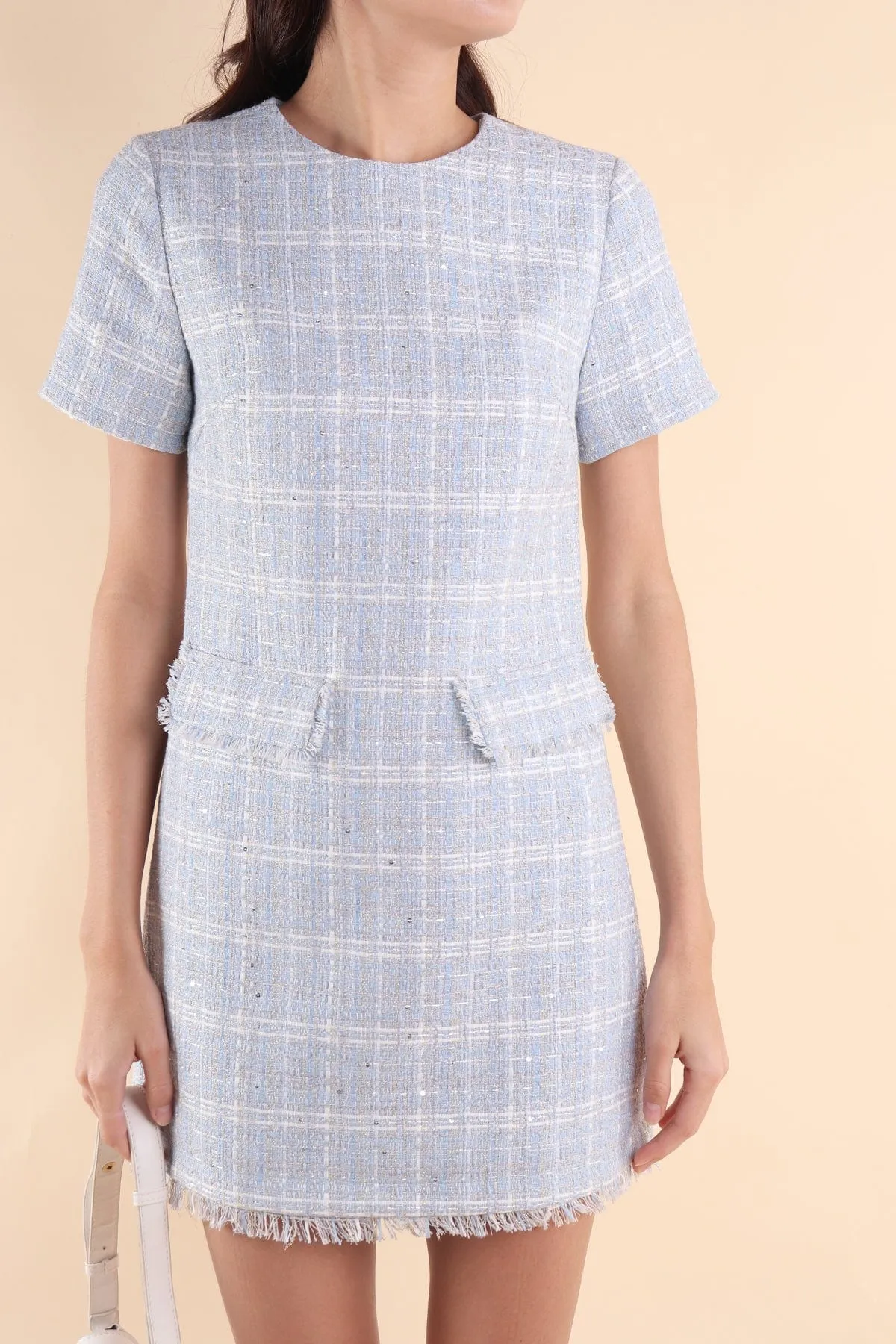 LEIGH TWEED SHIFT DRESS IN SKY