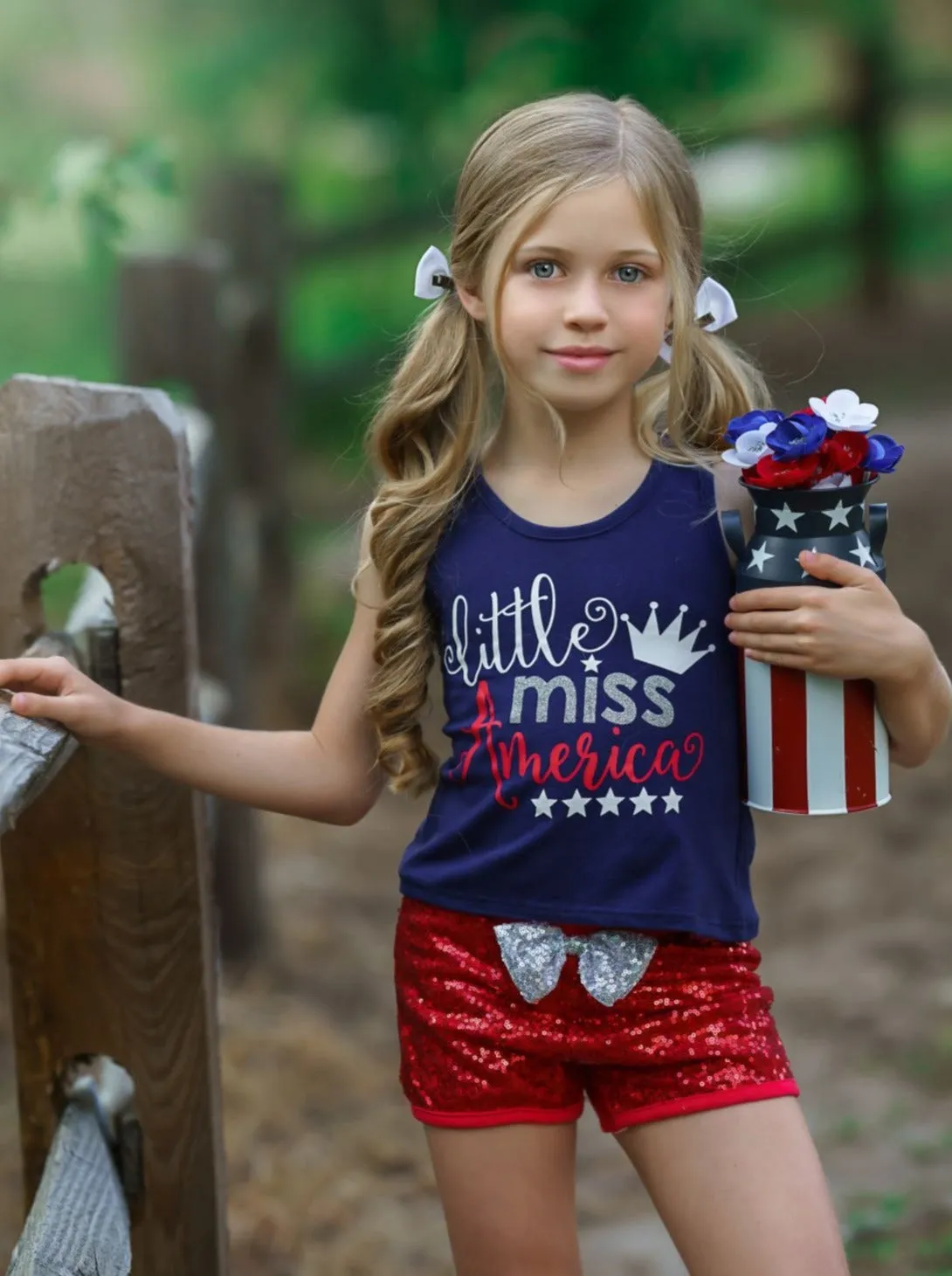 Little Miss America Bow Top And Sequin Short Set