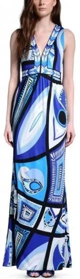 Long Blue Abstract Printed Dress