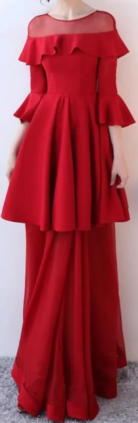 Long Red Ruffle Layered Gown