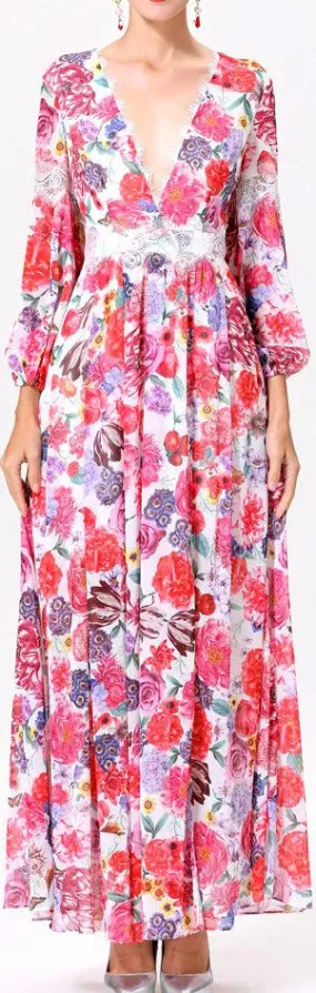 Low-Cut Floral-Print Maxi Dress