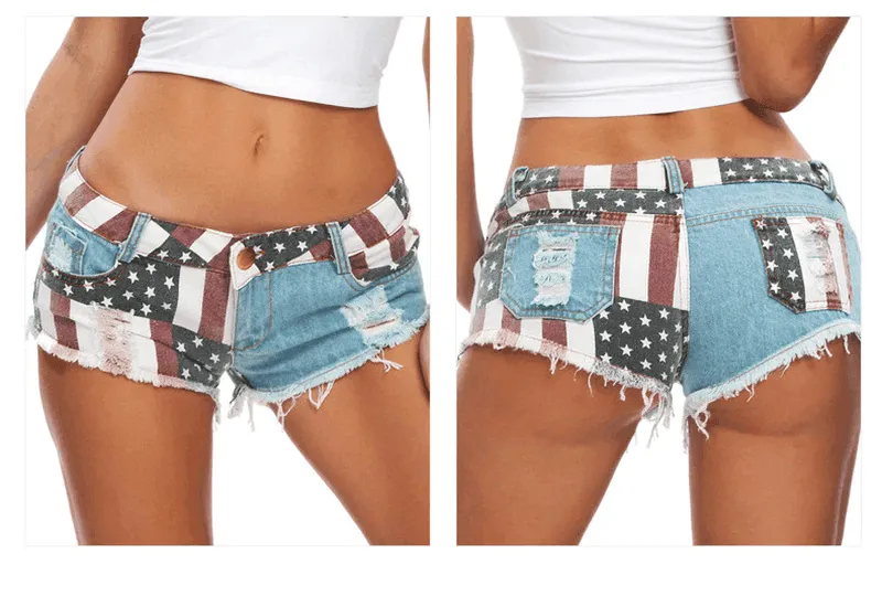 Low Waist Denim Shorts Usa Flag Patchwork Pattern Hot