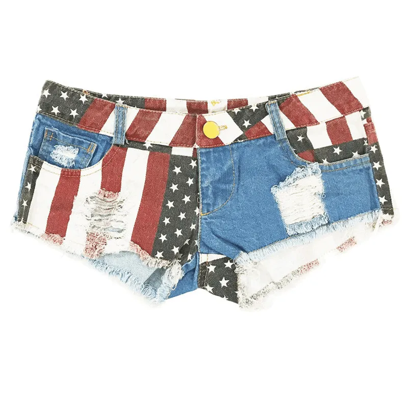 Low Waist Denim Shorts Usa Flag Patchwork Pattern Hot