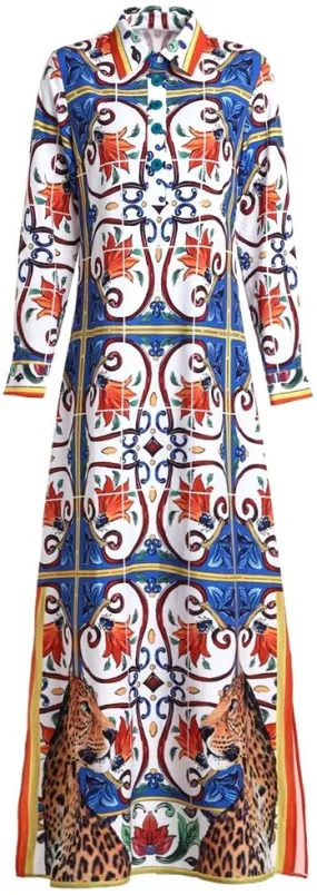 Majolica Print Maxi Shirt Dress, Multicolored