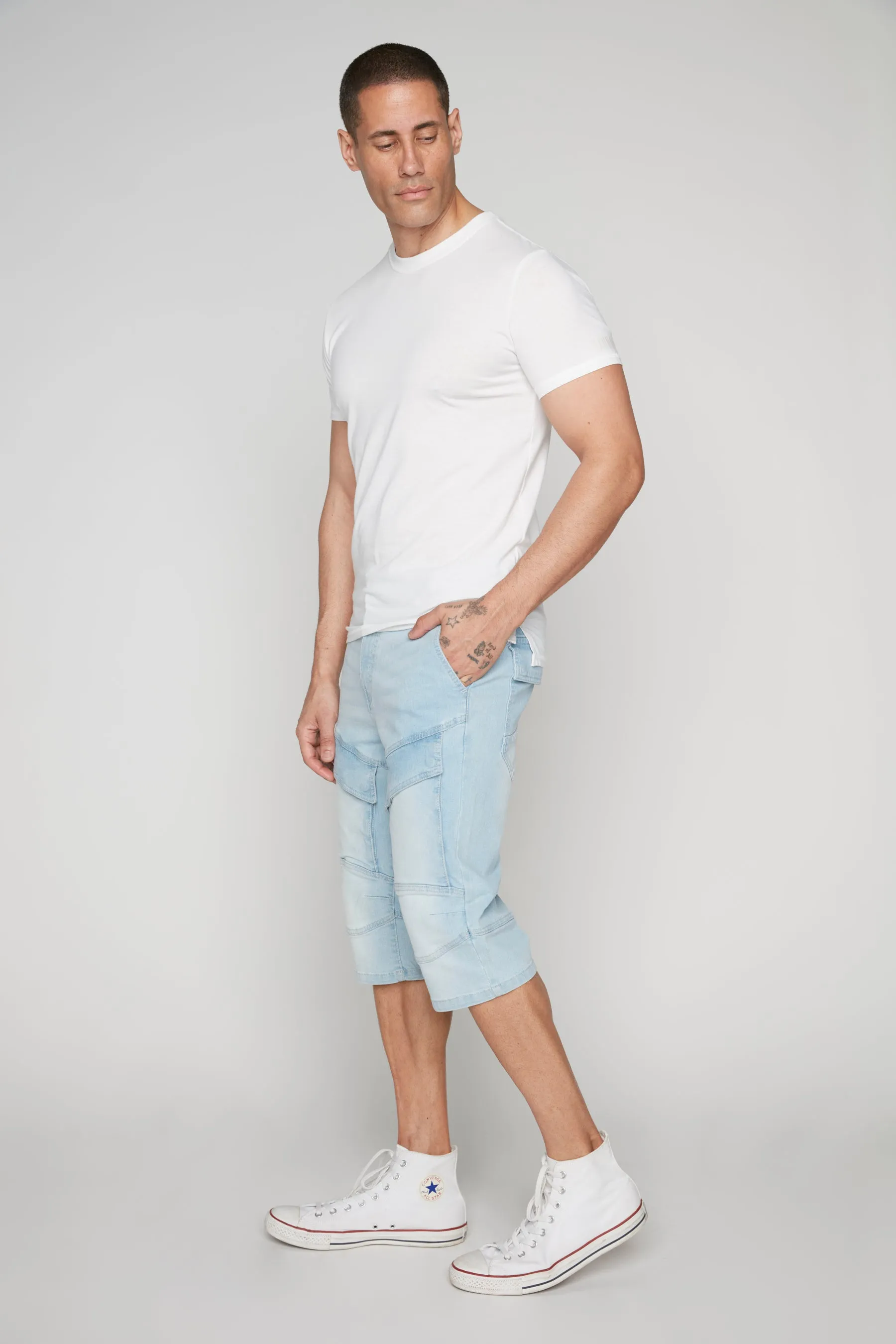 Men's 5-Pocket Denim Cargo Capri Shorts - Blue Bleach