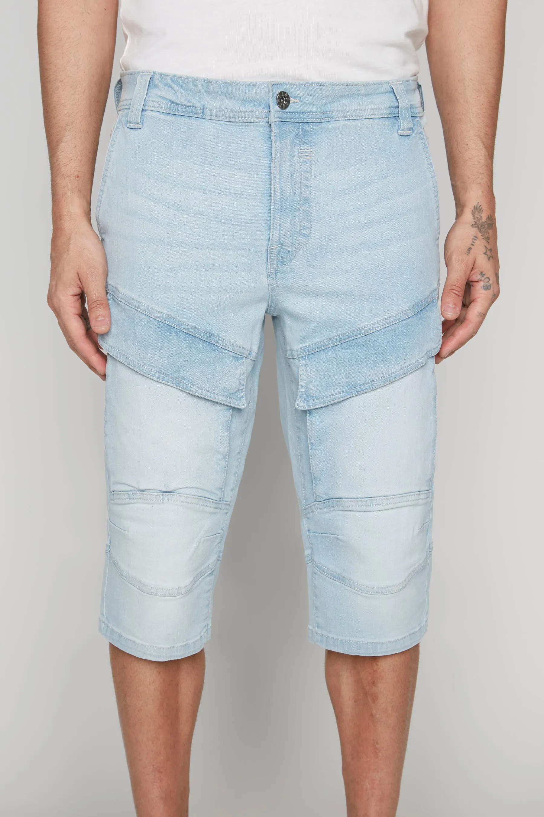 Men's 5-Pocket Denim Cargo Capri Shorts - Blue Bleach