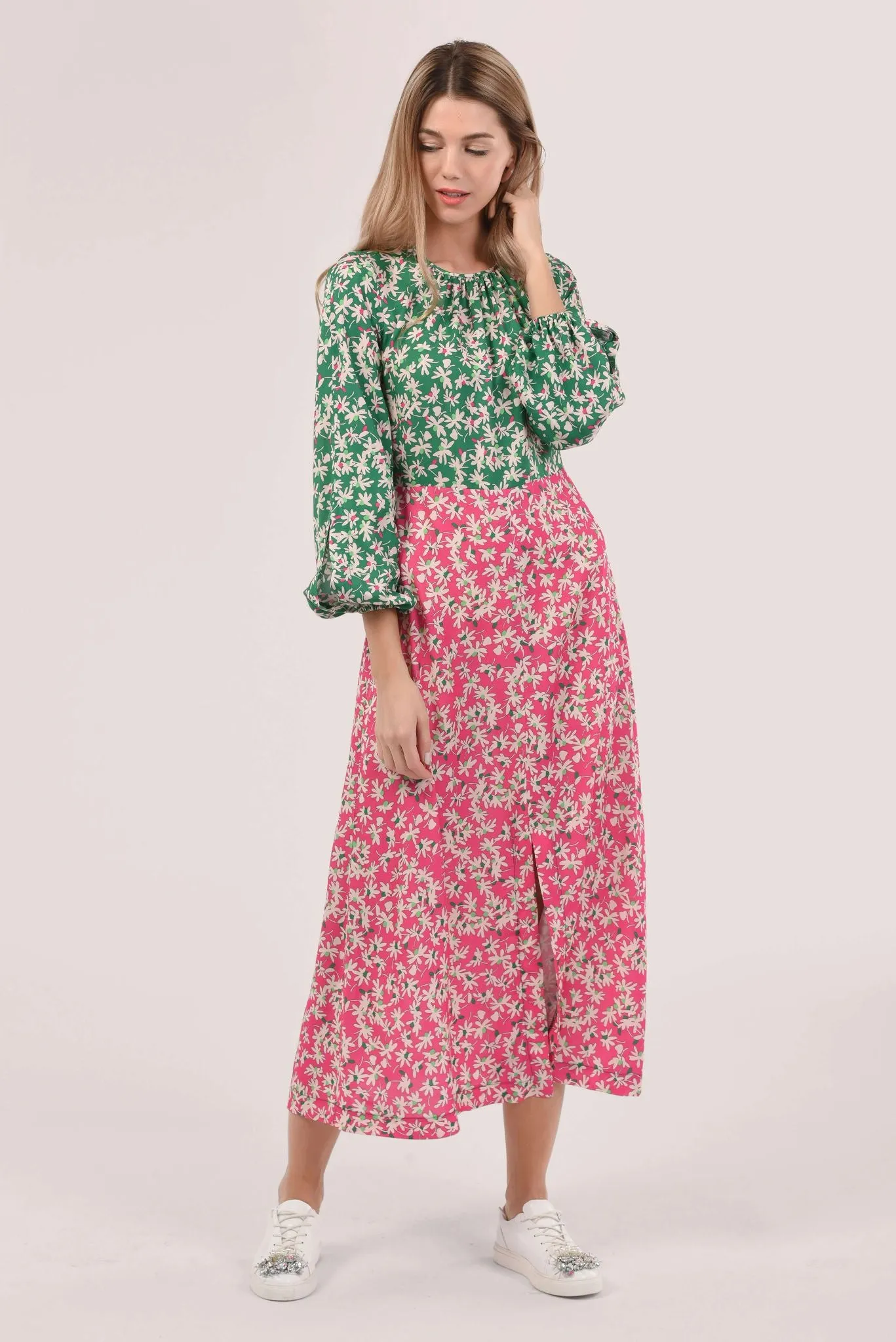 Molly Pink & Green Floral A Line Midi Dress