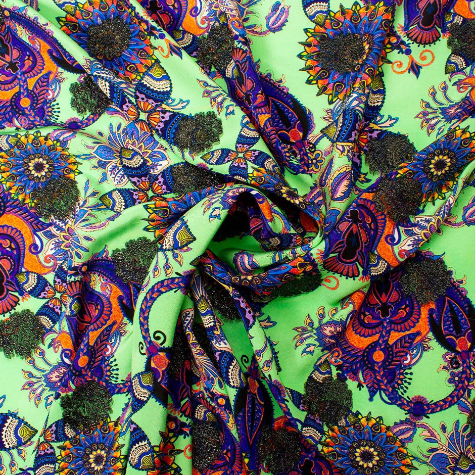 Multi-Coloured Green & Lurex Silk Crêpe de Chine