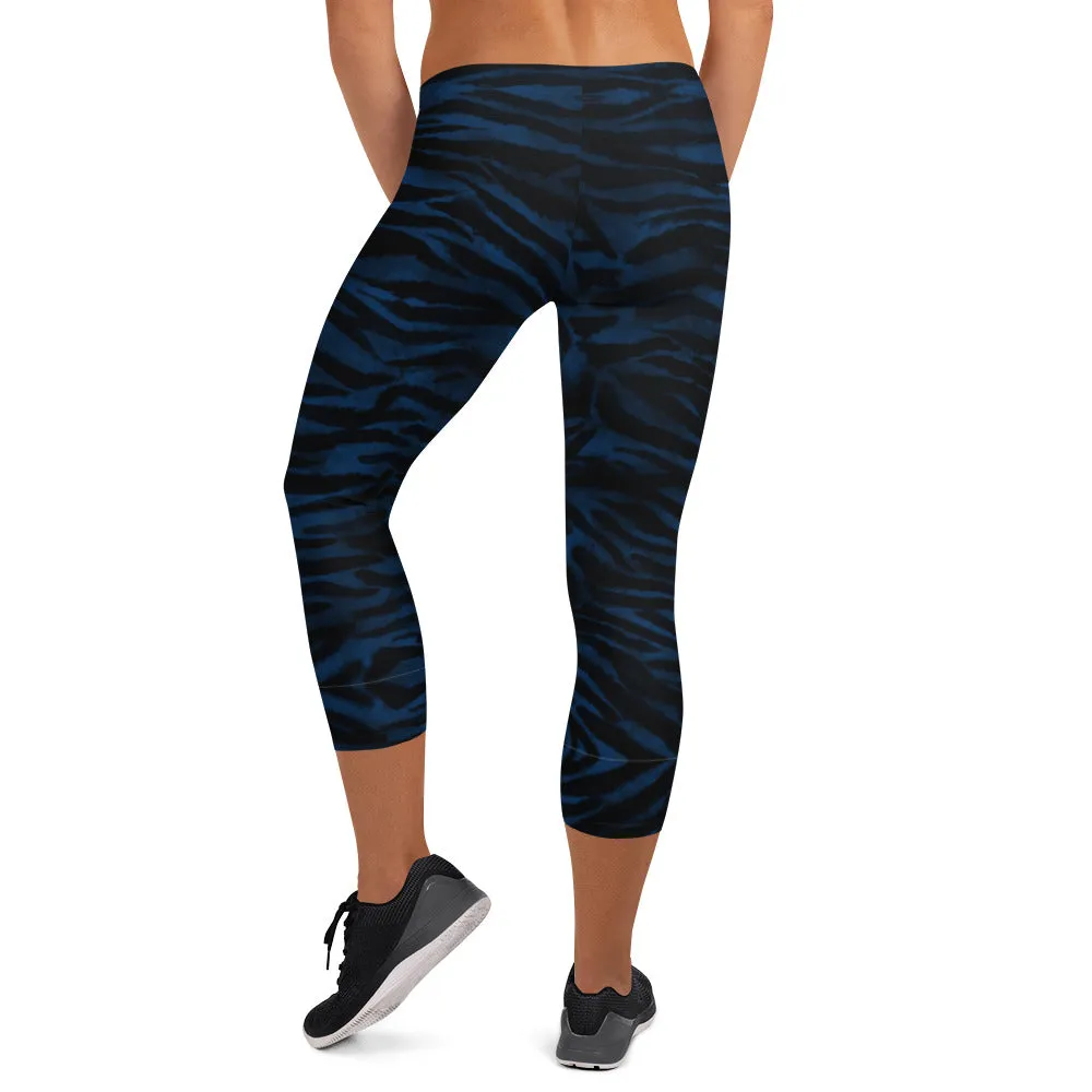 Navy Blue Tiger Capri Leggings, Tiger Striped Animal Print Yoga Tights For Ladies-Made in USA/EU