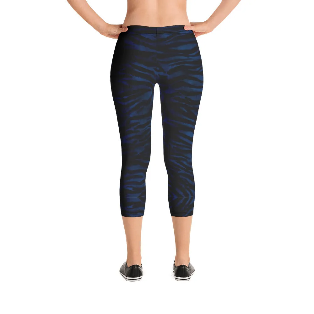 Navy Blue Tiger Capri Leggings, Tiger Striped Animal Print Yoga Tights For Ladies-Made in USA/EU