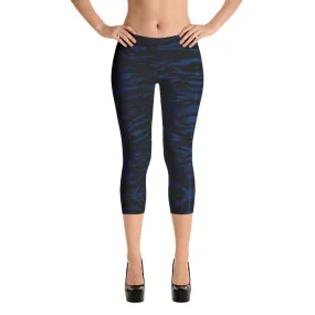 Navy Blue Tiger Capri Leggings, Tiger Striped Animal Print Yoga Tights For Ladies-Made in USA/EU