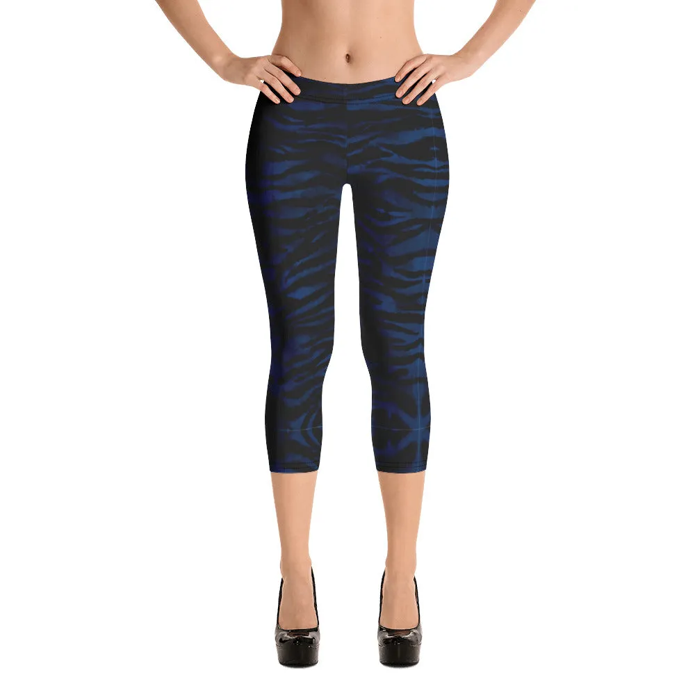 Navy Blue Tiger Capri Leggings, Tiger Striped Animal Print Yoga Tights For Ladies-Made in USA/EU