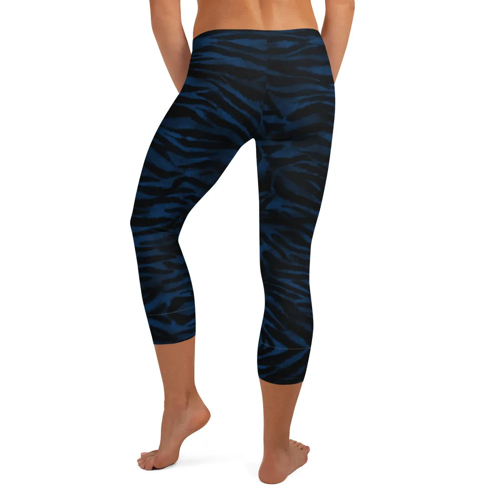 Navy Blue Tiger Capri Leggings, Tiger Striped Animal Print Yoga Tights For Ladies-Made in USA/EU