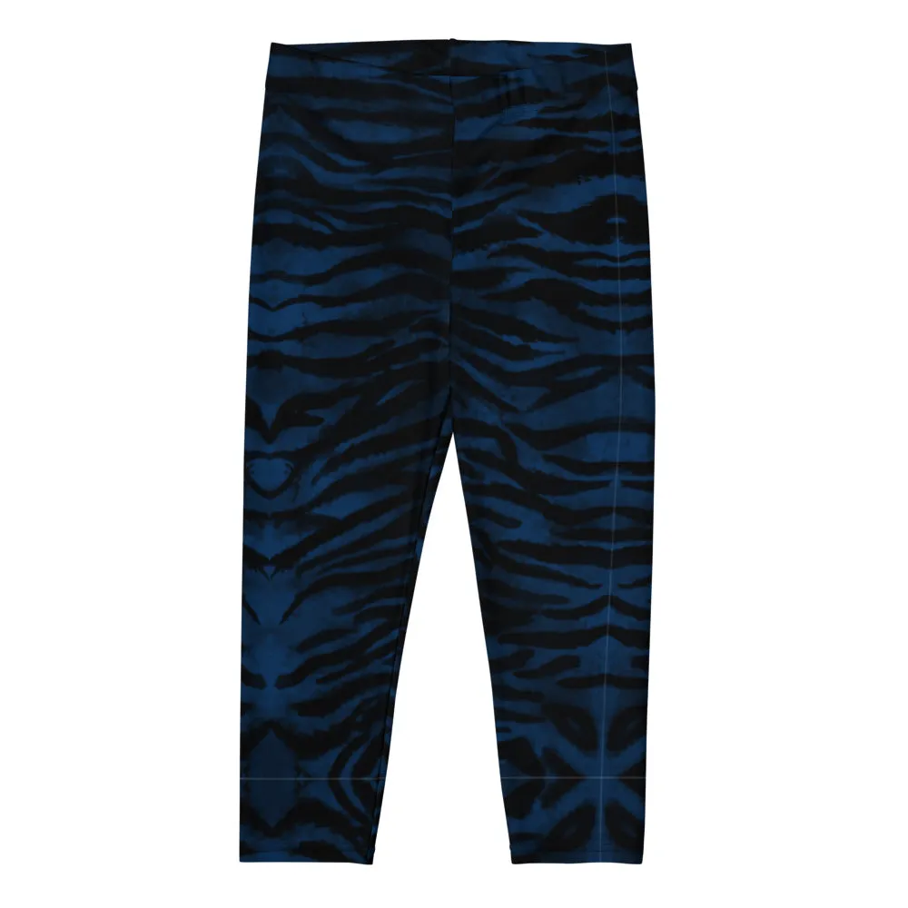 Navy Blue Tiger Capri Leggings, Tiger Striped Animal Print Yoga Tights For Ladies-Made in USA/EU