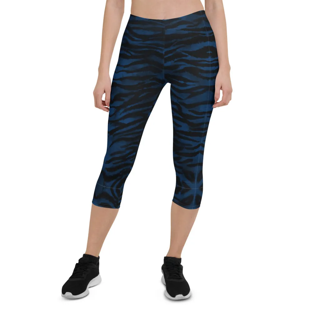 Navy Blue Tiger Capri Leggings, Tiger Striped Animal Print Yoga Tights For Ladies-Made in USA/EU