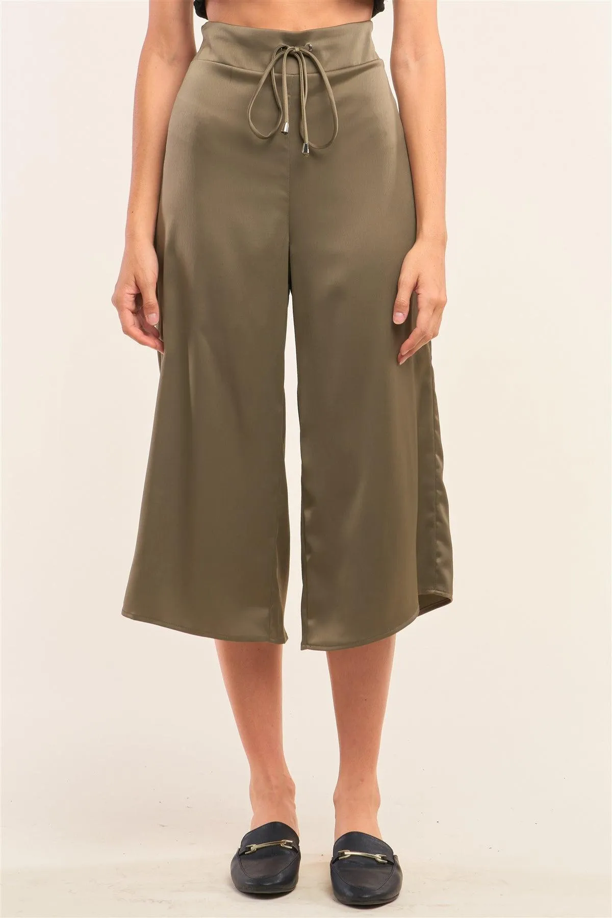 Olive Satin High Waisted Metallic Tip String Tie Flare Capri Pants /1-2-2-1