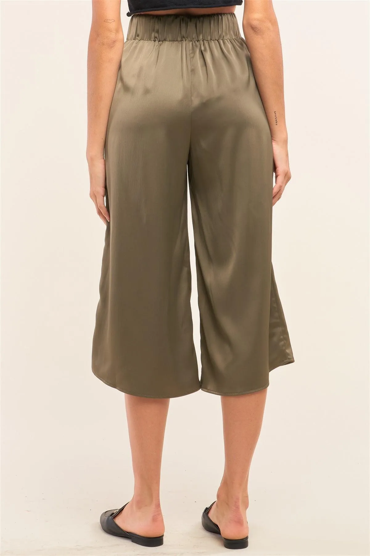 Olive Satin High Waisted Metallic Tip String Tie Flare Capri Pants /1-2-2-1