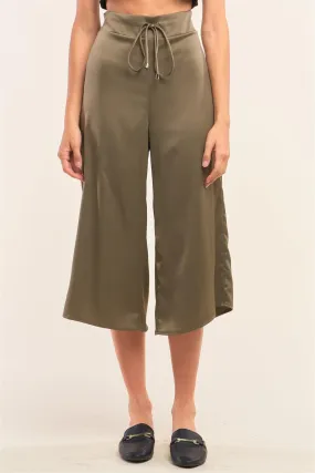 Olive Satin High Waisted Metallic Tip String Tie Flare Capri Pants /1-2-2-1